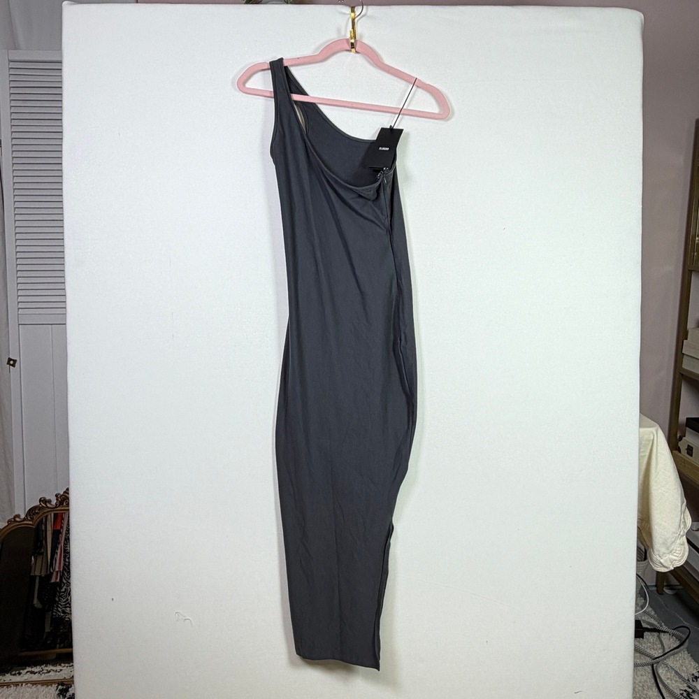 SLNGHR Dark Gray One Shoulder Bodycon Side‎ Slit Midi Dress Size M